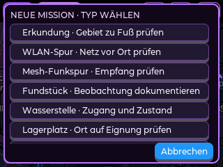 T-Deck-Beispiel: Dialog Neue Mission, Typ wählen, mit Erkundung, WLAN-Spur, Mesh-Funkspur, Fundstück, Wasserstelle und Lagerplatz