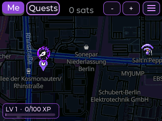 T-Deck-Screenshot der MeshGame-Karte mit Ortsmarkern und Level- sowie XP-Anzeige